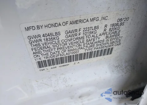 2020 Acura Ilx Premium A-Spec Packages/Technology A-Spec Packages from USA, damaged, VIN 19UDE2F82LA010007